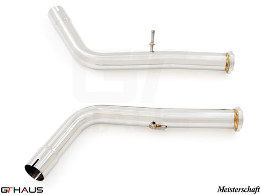 Stainless steel downpipe for 2019+ Mercedes-Benz G-Class G500/550, designed for secondary cat-delete and enhanced performance.