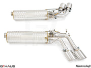 Premium exhaust system for Mercedes-Benz W463 G-Class G500/550 V8 turbo, featuring stainless steel construction and dual tips.