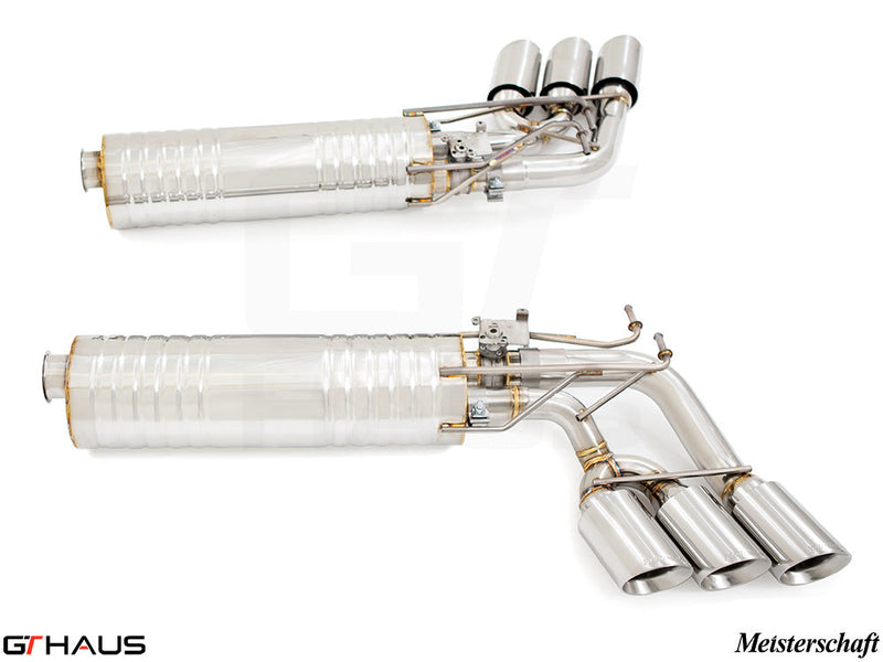 Premium performance exhaust system for Mercedes-Benz W463 G-Class G500/550, featuring stainless steel construction and quad tips.