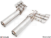 Premium Meisterschaft exhaust system for Mercedes-Benz W463 G-Class G500/550 V8 turbo, featuring polished stainless steel design.