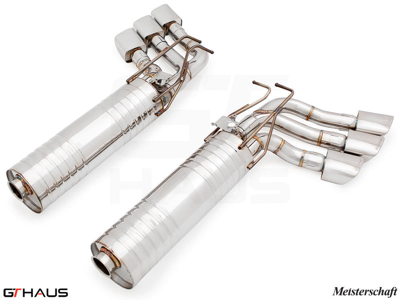 Premium Meisterschaft exhaust system for Mercedes-Benz W463 G-Class G500/550 V8 turbo, featuring polished stainless steel design.