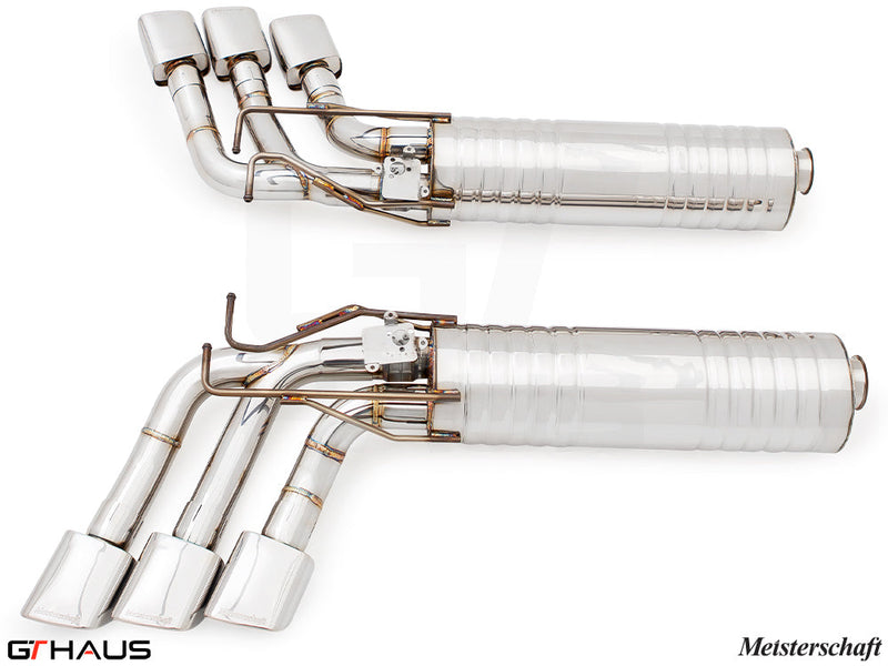 Premium performance exhaust system for 2019+ Mercedes-Benz W463 G-Class G500/550 with V8 turbo, featuring polished stainless steel design.