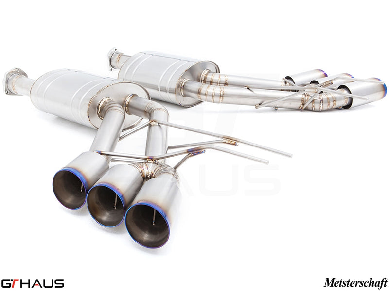 Premium exhaust system for Mercedes-Benz W463 G-Class G500/550 (V8 turbo) featuring stainless steel construction and quad tips.