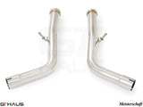 Stainless steel down pipes for 2019+ Mercedes-Benz G63 AMG, designed for secondary cat-delete performance enhancement.