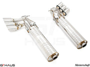 Premium performance exhaust system for 2019+ Mercedes-Benz G63 AMG, featuring polished stainless steel construction and dual tips.