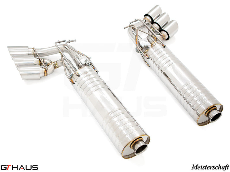 Premium performance exhaust system for 2019+ Mercedes-Benz G63 AMG, featuring polished stainless steel construction and dual tips.
