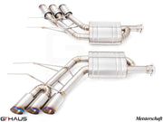 Premium performance exhaust system for 2019+ Mercedes-Benz G63 AMG, featuring stainless steel construction and quad tips.