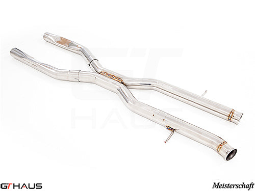 Full cat-back LSR mid resonator delete pipe for 2016-2019 Mercedes-Benz X166 GLS-Class V8, featuring polished stainless steel design.