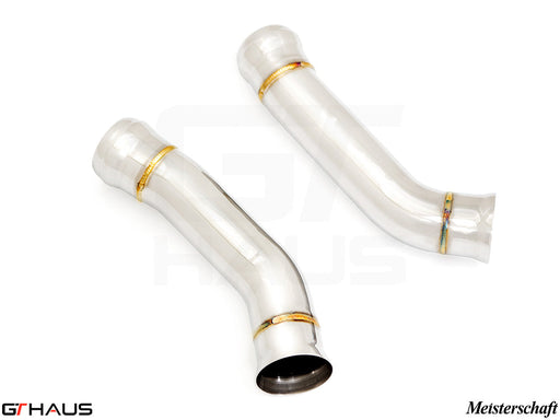 Mercedes-Benz X290 GT Class Sedan 2019+ downpipe with secondary cat-delete, featuring polished stainless steel construction.