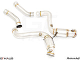 High-performance down pipes for 2019+ Mercedes-Benz X290 GT Class Sedan with sport cats for enhanced exhaust flow.