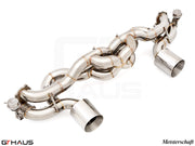 Premium Meisterschaft exhaust system for Porsche 718 Boxster GTS/Spyder, featuring polished stainless steel and dual tips.