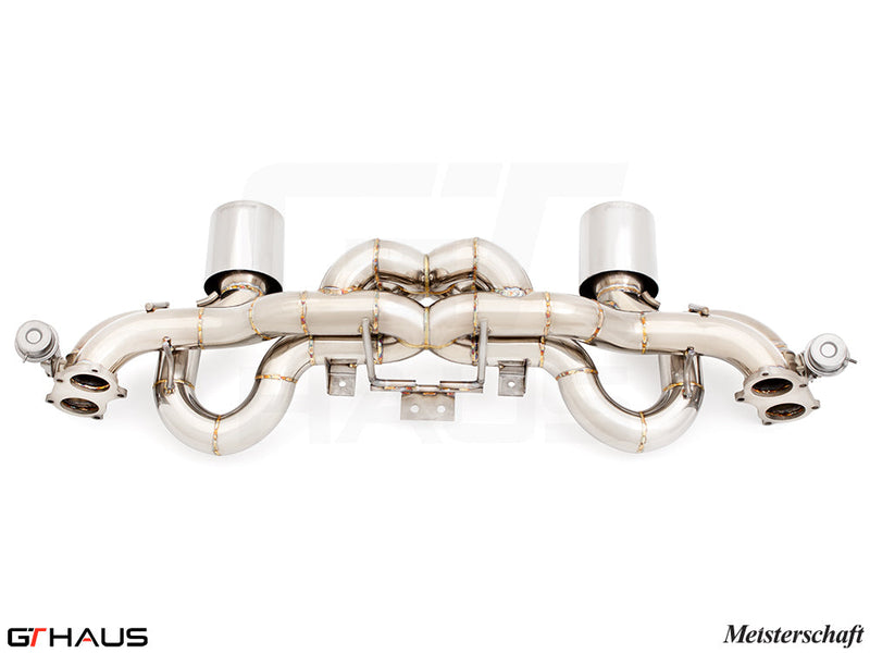 Premium exhaust system for Porsche 718 Boxster GTS/Spyder (2021+), featuring stainless steel construction and dual tips.