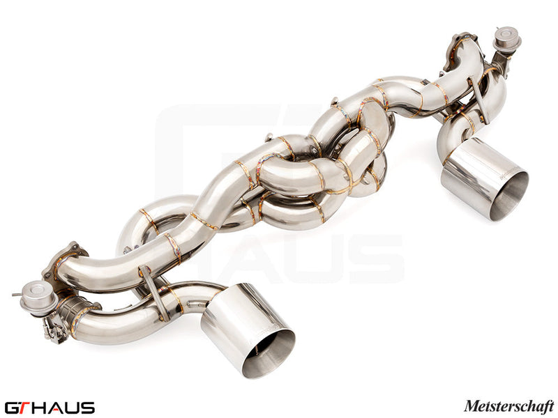 Premium Meisterschaft exhaust system for Porsche 718 Boxster GTS/Spyder, featuring a sleek stainless steel design.