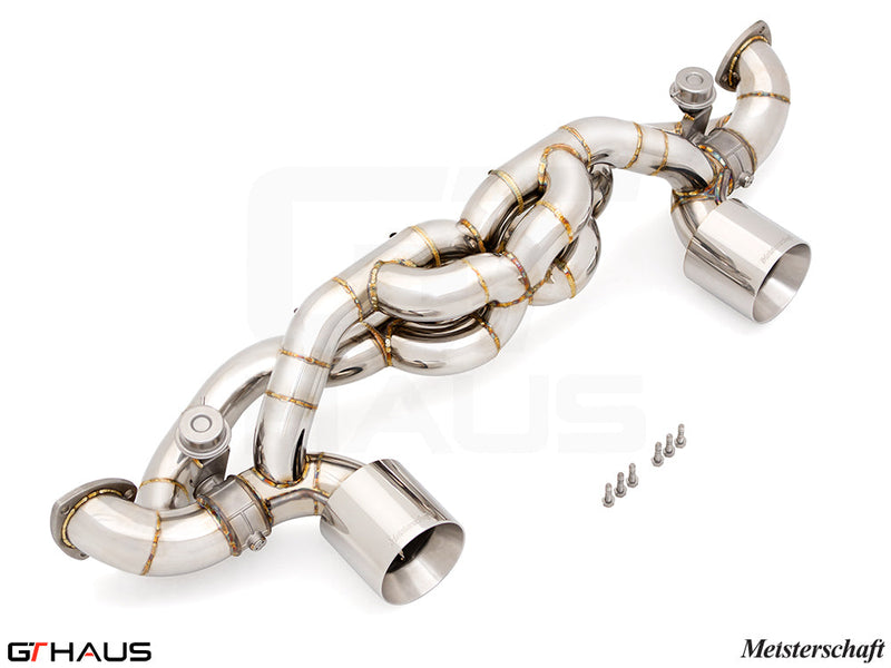 Premium stainless steel exhaust system for Porsche 718 Cayman GT4RS, featuring intricate design and dual tips.