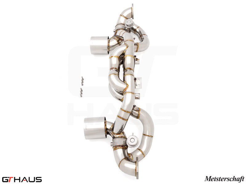 Premium performance exhaust system for Porsche 718 Cayman GT4RS, featuring T304 stainless steel construction and precision design.