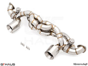 Premium stainless steel exhaust system for Porsche 718 Cayman GT4RS, featuring precision welding and dual tips.