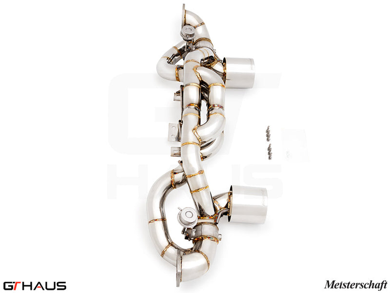 Premium performance exhaust system for Porsche 718 Cayman GT4RS, featuring stainless steel construction and electronic valve control.