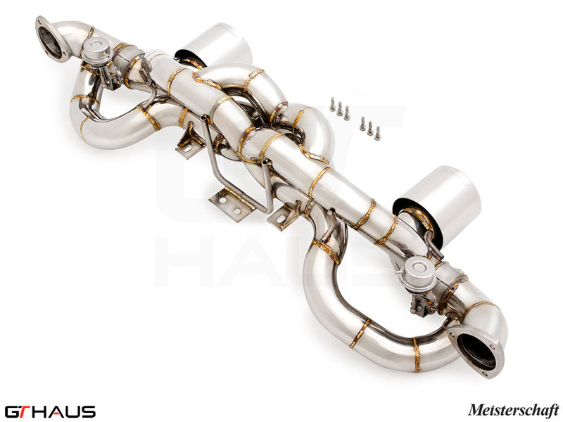 Premium Meisterschaft exhaust system for Porsche 718 Cayman GT4RS, featuring stainless steel construction and advanced design.