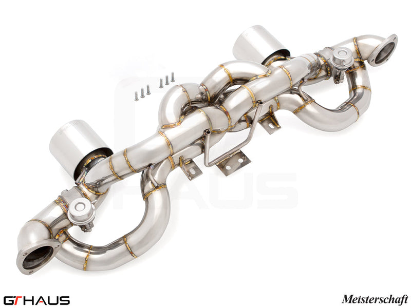 Premium Meisterschaft exhaust system for Porsche 718 Cayman GT4RS, featuring stainless steel construction and precision design.