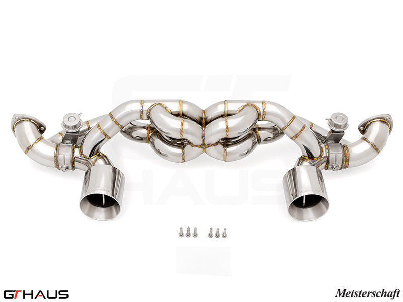 Premium Meisterschaft exhaust system for Porsche 718 Cayman GT4RS, featuring T304 stainless steel and dual tips.