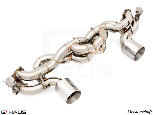 Premium Meisterschaft exhaust system for Porsche 718 Cayman GTS/GT4, featuring high-performance stainless steel construction.