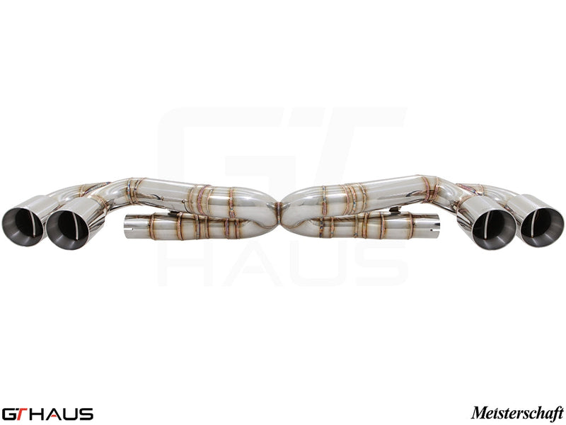 Premium exhaust system for Porsche 911 Turbo/Turbo S (991 Chassis) featuring stainless steel construction and dual tips.