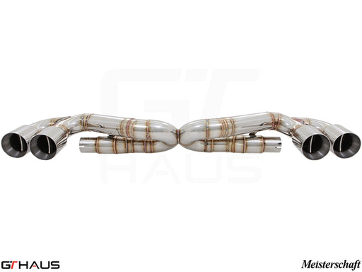 Premium exhaust system for Porsche 911 Turbo/Turbo S (991 Chassis) featuring stainless steel construction and dual tips.
