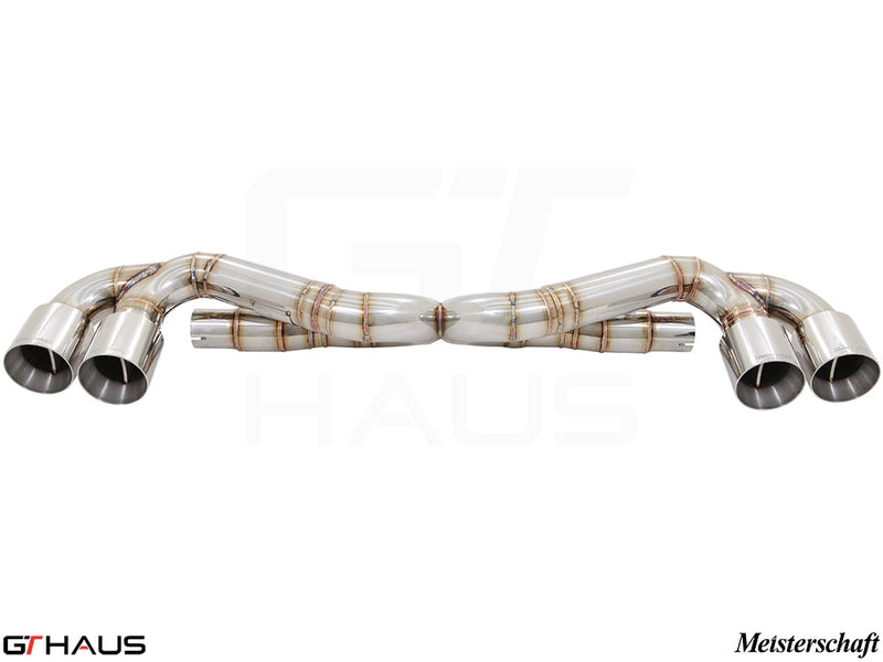 Premium exhaust system for Porsche 911 Turbo/Turbo S (991 chassis) featuring stainless steel construction and dual tips.