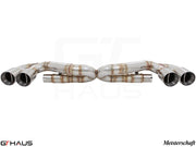 Premium performance exhaust system for Porsche 911 Turbo/Turbo S (991 chassis), featuring stainless steel construction and dual tips.