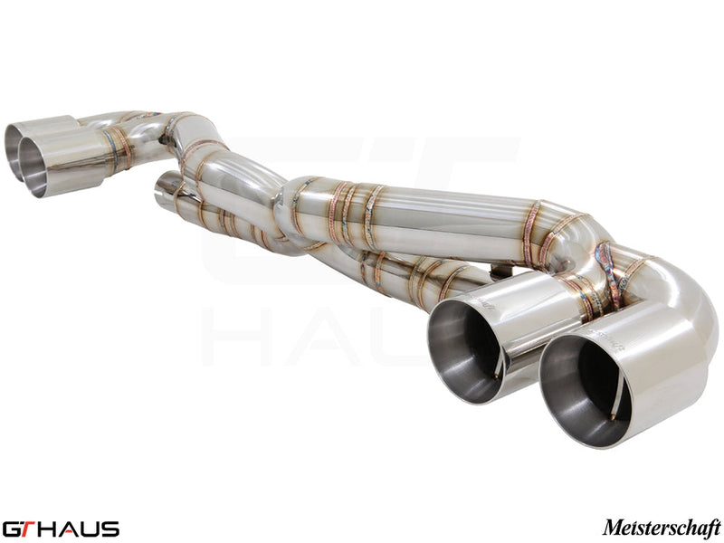 Premium performance exhaust system for Porsche 911 Turbo/Turbo S (991 chassis) featuring stainless steel construction and dual tips.