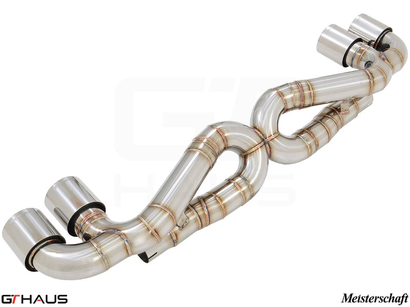 Premium performance exhaust system for Porsche 911 Turbo/Turbo S (991 chassis) featuring stainless steel construction.