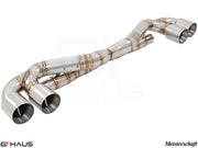 Premium performance exhaust system for Porsche 911 Turbo/Turbo S (991 chassis) featuring stainless steel construction and dual tips.