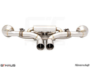 Premium exhaust system for Porsche 911 GT3RS/ST (992 Chassis) featuring stainless steel construction and dual tips.