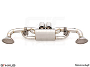 Premium exhaust system for Porsche 911 GT3RS/ST (992 Chassis) featuring stainless steel construction and dual tips.