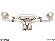 Premium Meisterschaft exhaust system for Porsche 911 GT3RS/ST (992 Chassis) featuring stainless steel construction and dual tips.