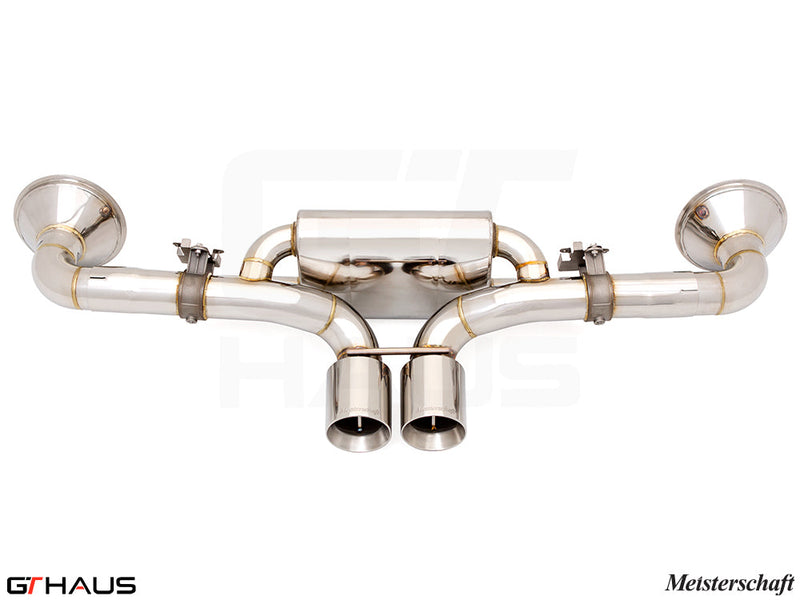 Premium Meisterschaft exhaust system for Porsche 911 GT3RS/ST (992 Chassis) featuring stainless steel construction and dual tips.