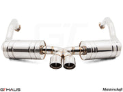 Premium exhaust system for Porsche 987 Boxster and Boxster S, featuring polished stainless steel and dual tips.