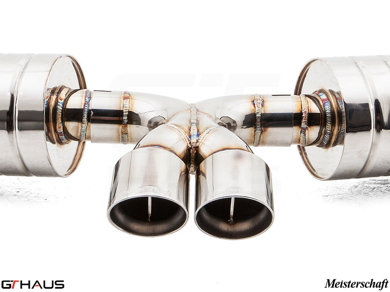Premium exhaust system for Porsche 987 Boxster, featuring polished stainless steel tips and precision welds.