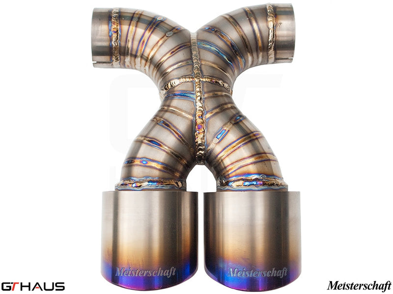 Meisterschaft exhaust tips for Porsche 987 Boxster, featuring a dual design with polished stainless steel finish.