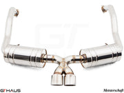 Premium Meisterschaft exhaust system for Porsche 987 Cayman/S (2006-2008), featuring polished stainless steel construction.