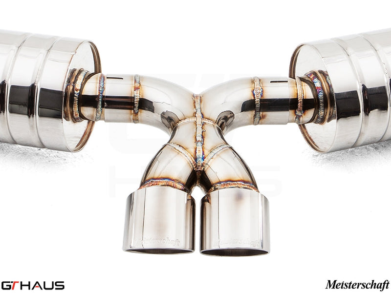 Premium exhaust system for Porsche 987 Cayman/S, featuring polished stainless steel construction and precision welding.