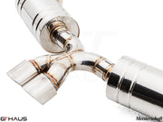 Premium exhaust system for Porsche 987 Cayman/S, featuring polished stainless steel construction and dual tips.