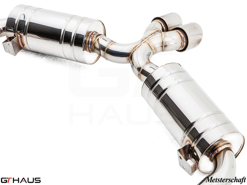 Premium exhaust system for Porsche 987 Cayman/S (2006-2008), featuring polished stainless steel construction and enhanced performance.