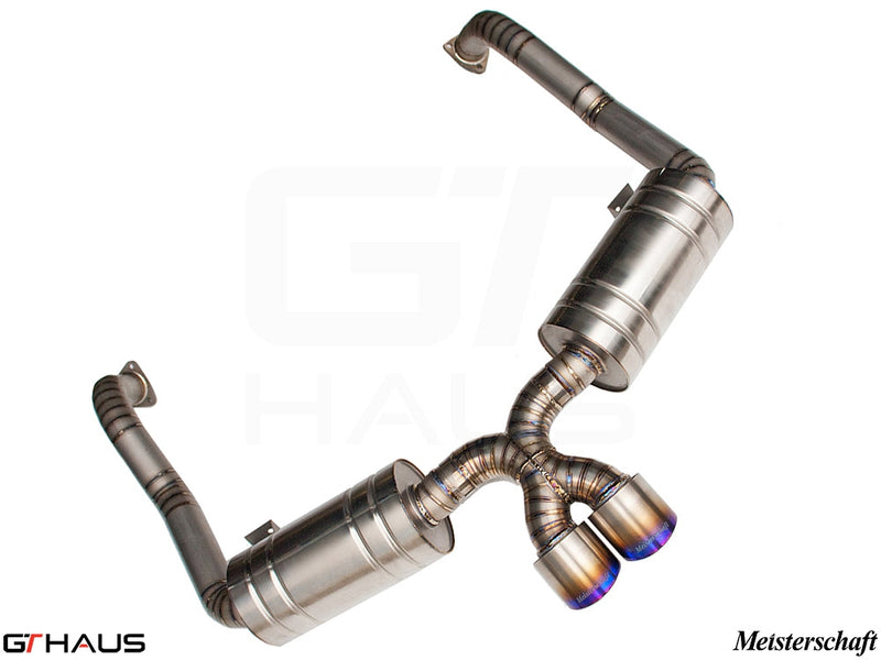 Premium performance exhaust system for Porsche 987 Cayman/S (2006-2008), featuring stainless steel construction and dual tips.