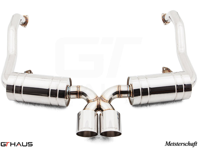 Premium exhaust system for Porsche 987.2 Boxster/S/RS (2009-2012) featuring polished stainless steel and dual tips.