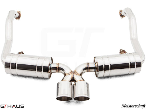 Premium exhaust system for Porsche 987.2 Boxster/S/RS (2009-2012) featuring polished stainless steel and dual tips.