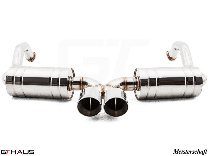 Premium exhaust system for Porsche 987.2 Boxster/S/RS (2009-2012) featuring polished stainless steel and dual tips.