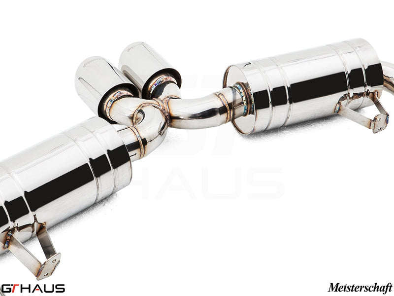 Premium Meisterschaft exhaust system for Porsche 987.2 Boxster/S/RS, featuring polished stainless steel construction and dual tips.