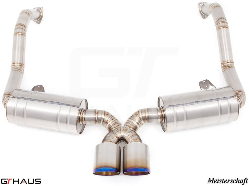 Premium Meisterschaft exhaust system for Porsche 987.2 Boxster/S/RS, featuring dual tips and stainless steel construction.