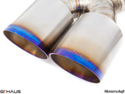 Premium Meisterschaft exhaust tips for Porsche 987.2 Boxster/S/RS, featuring a polished finish and vibrant blue accents.